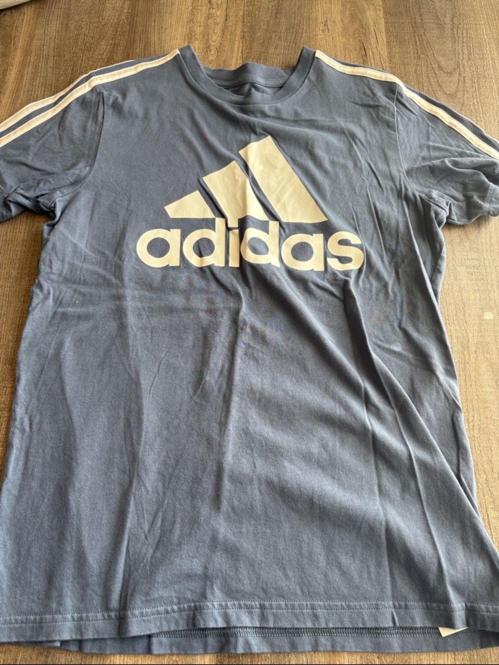 Boys Adidas Navy T-Shirt with Cream Logo and Stripes